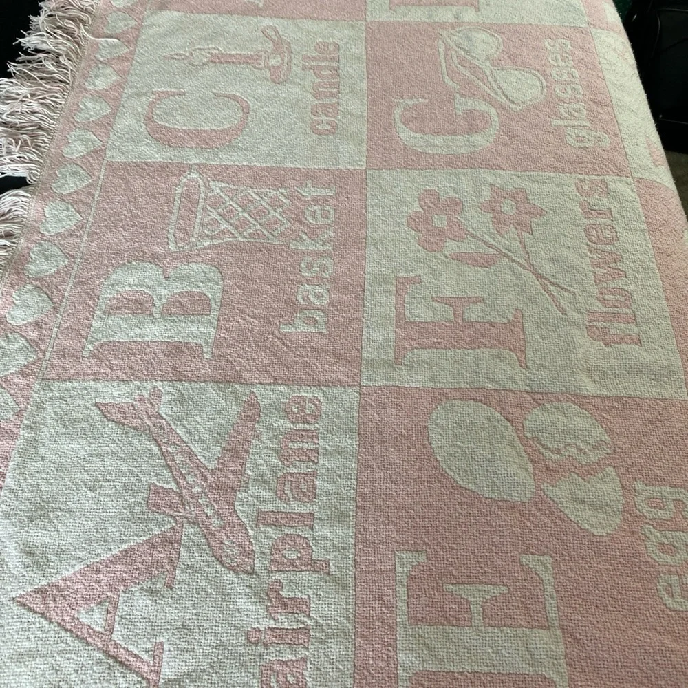 ABC Pink White Woven Tapestry Fringe Baby Blanket Vintage Throw 60x38 Heart Trim